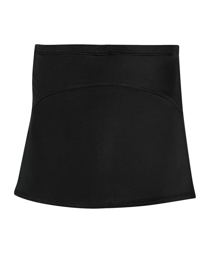 A black skort with a fitted design and a smooth finish, featuring a logo on the waistband.
