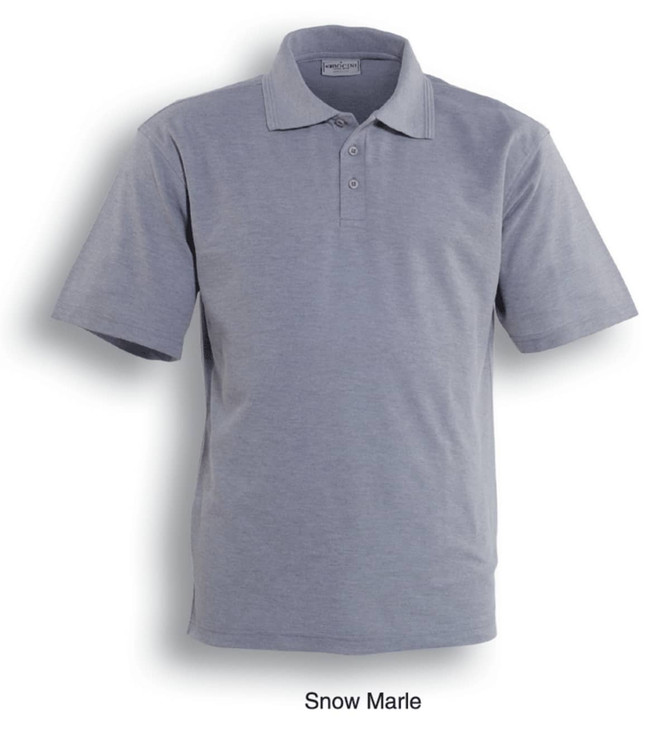 A grey snow marle unisex cotton jersey polo shirt with a collar and short sleeves. It features a logo.