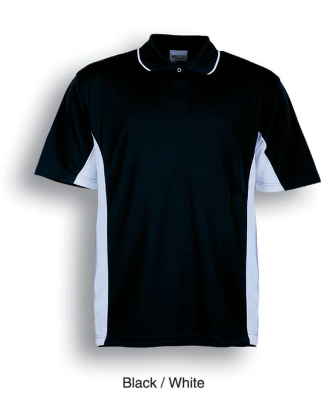 A black and white polo shirt featuring side panels and a collar, with a small logo on the chest.