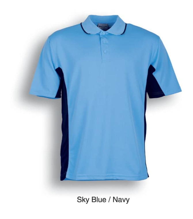 A polo shirt in sky blue with navy side panels, featuring a collar and button placket. It has a logo.