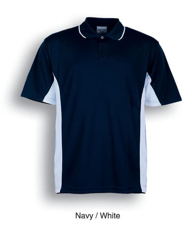 A navy and white polo shirt featuring a logo, with a classic collar and short sleeves.