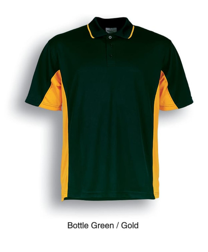 A polo shirt in bottle green and gold, featuring short sleeves and a collar. Includes a logo.