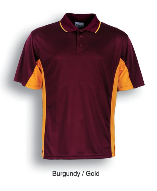 A burgundy and gold polo shirt with a collar and short sleeves. It features contrasting side panels and a logo.