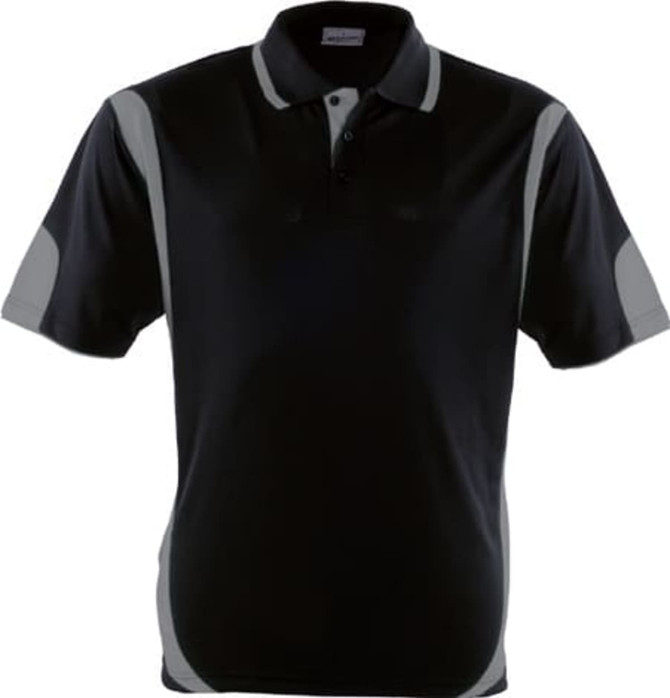 A black polo shirt featuring contrast grey accents and a logo on the chest area.
