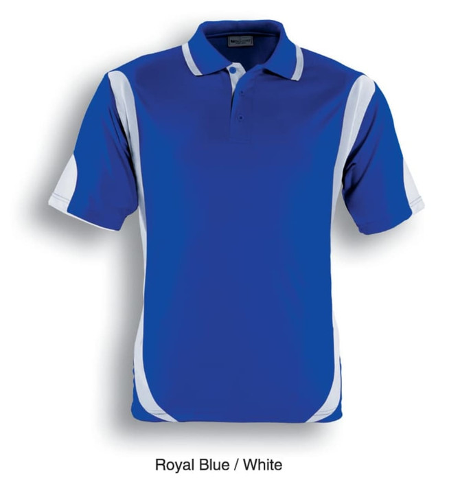 A royal blue and white unisex polo shirt, featuring contrast design and a logo.
