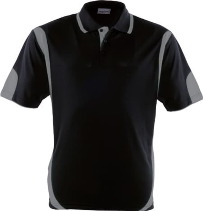A black polo shirt with grey contrast detailing and a logo on the chest. Suitable for kids.