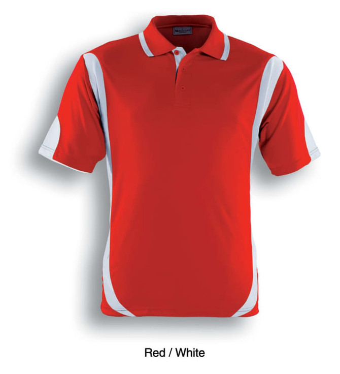 A red and white polo shirt featuring contrasting panels and a collar. It includes a logo.