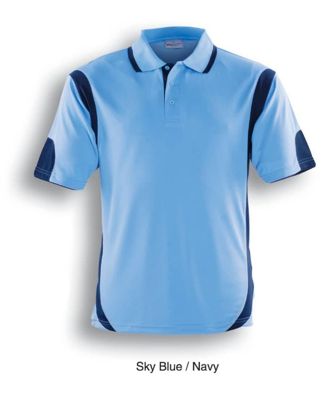 A sky blue polo shirt with navy contrast panels and a branded logo.
