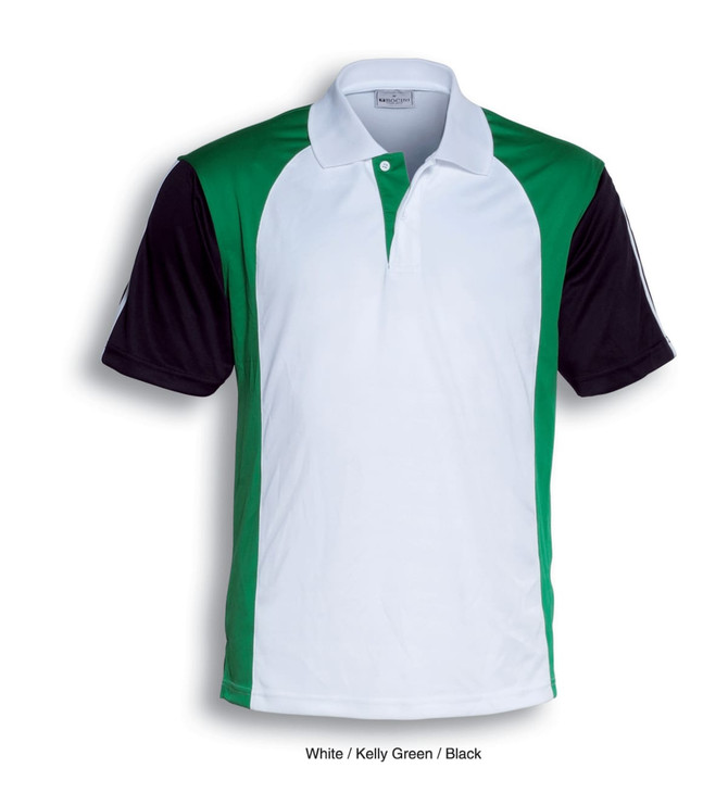 A polo shirt in white, kelly green, and black with a logo on the chest.