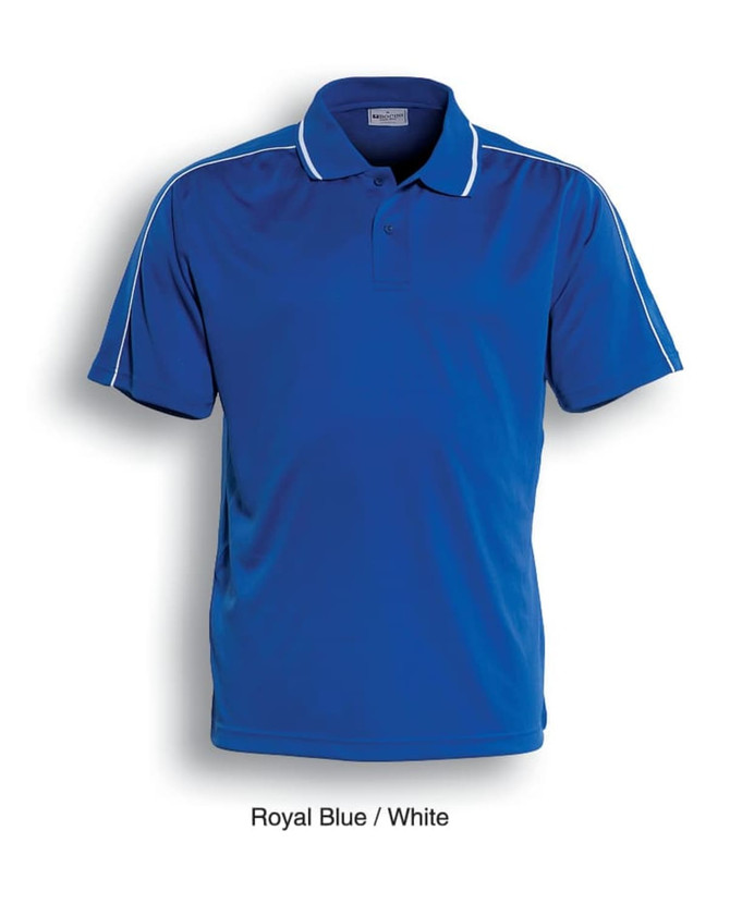 A royal blue and white men's polo shirt featuring a collar and short sleeves. It has a logo on it.