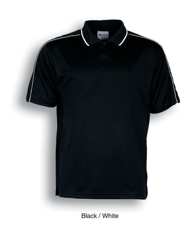 A black and white striped polo shirt with a collar and an attached logo.