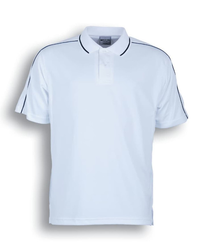 A white polo shirt with striped black accents on the sleeves and a collar, featuring a logo.