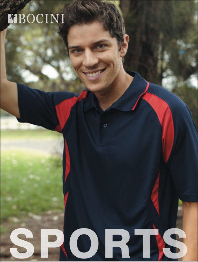 Unisex Adults Breezeway Sports Polo in navy blue and red, featuring a logo and displayed by a smiling model outdoors.