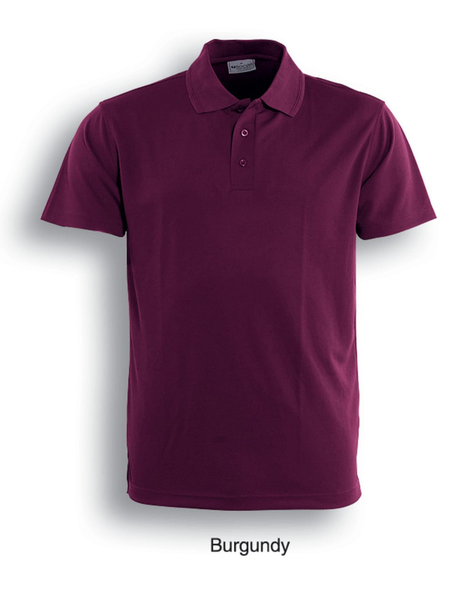 A burgundy polo shirt with a collar and three buttons, featuring a logo on the side.