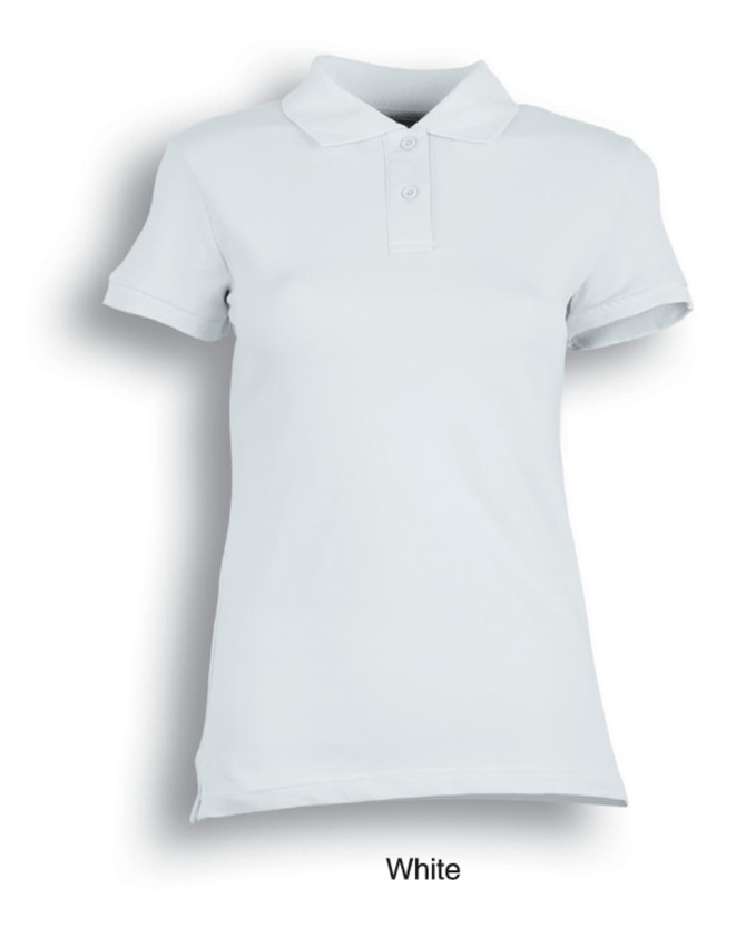 A white fitted cotton and spandex polo shirt with a classic collar and three buttons, featuring a logo.