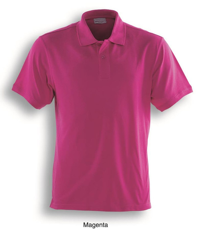 A magenta polo shirt featuring a collar and short sleeves, with a branding logo on the chest.