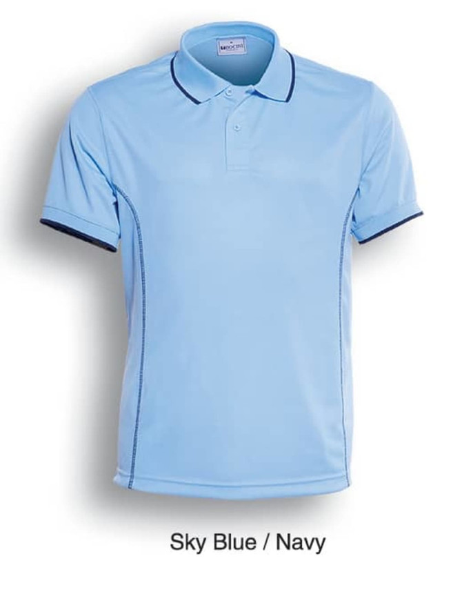 Sky blue men's short sleeve polo shirt with navy accents and a logo on the chest.