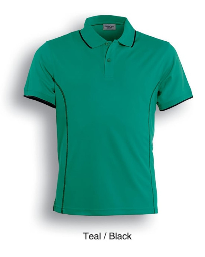 A teal and black polo shirt featuring a collar, short sleeves, and contrasting seams. It has a logo on the chest.