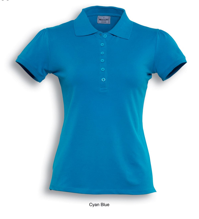 A cyan blue ladies' polo shirt with a classic collar and buttoned placket, featuring short sleeves.