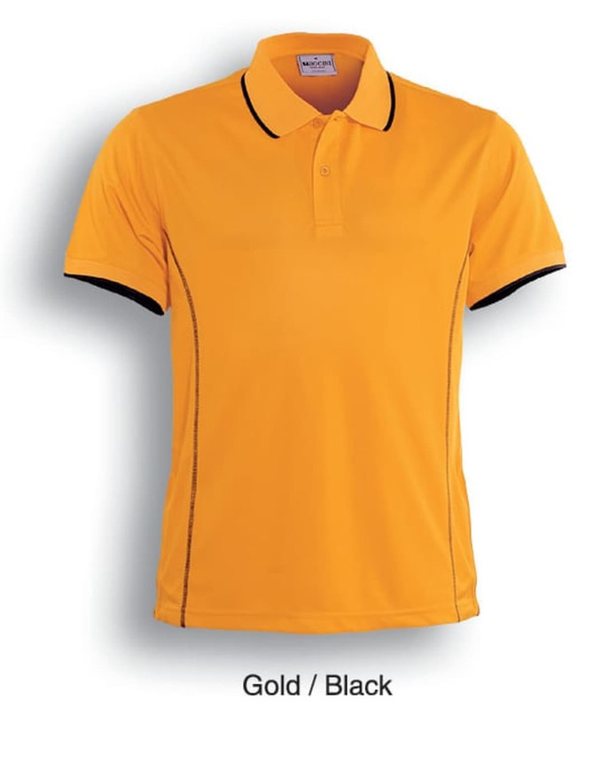 A gold and black polo shirt with short sleeves and contrasting seam details. Features a logo on the chest.