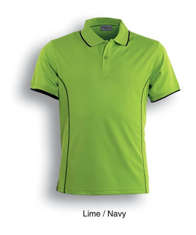 Lime and navy short sleeve polo shirt featuring contrasting seams and a collar, with a logo on the upper side.