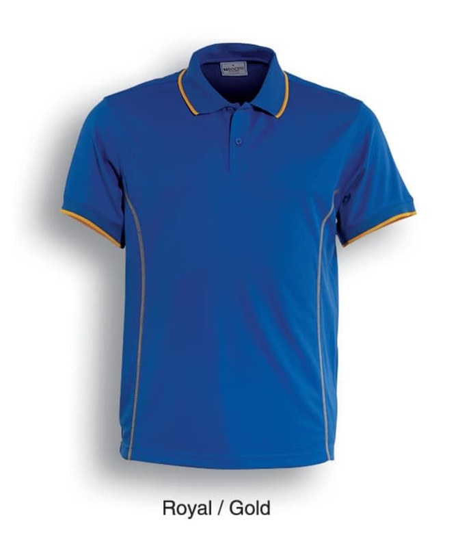A royal blue polo shirt with gold trim and a branded logo, featuring short sleeves and a classic collar.