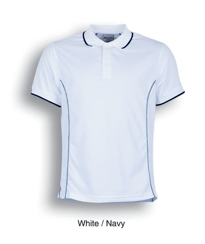 A short sleeve polo shirt in white with navy detailing and a branded logo.