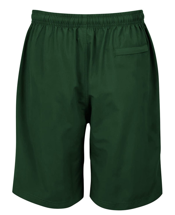 Green sports shorts with an elastic waistband and a back pocket, featuring a simple design and branding.