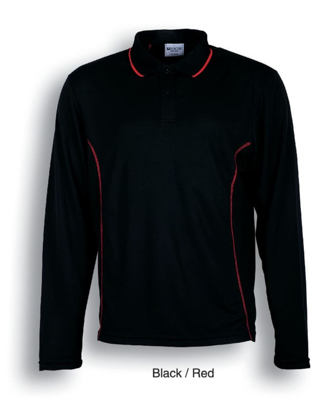 A long-sleeved polo shirt in black with red detailing, featuring a logo on the chest.