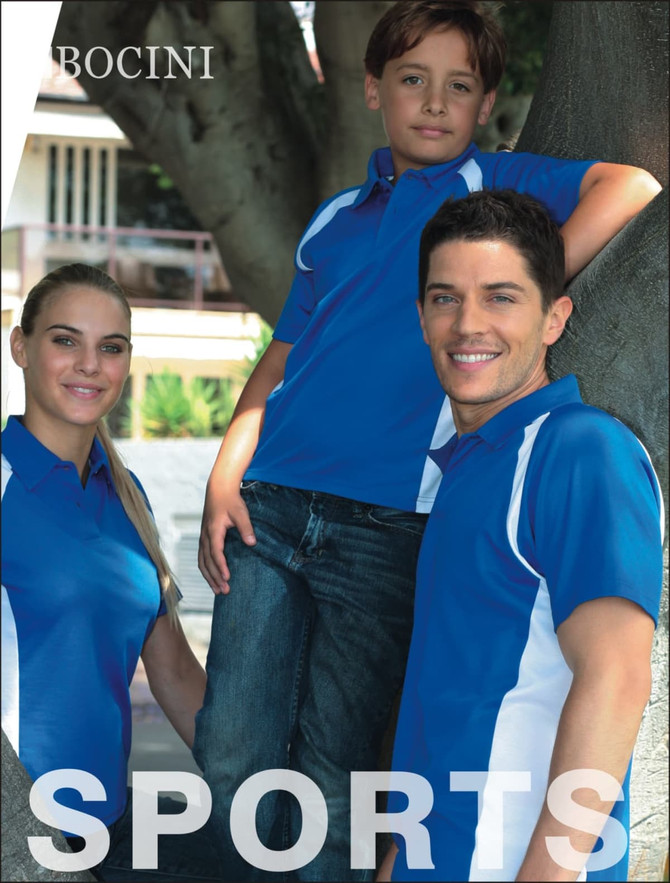 A blue polo shirt featuring contrast white panels, worn by a woman and a boy standing beside a man, all smiling.
