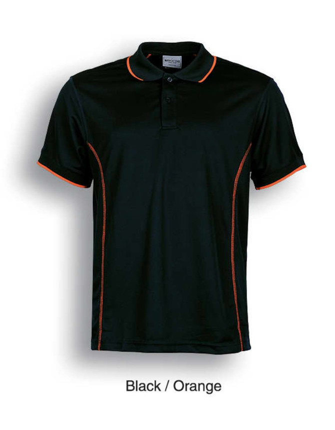 A black polo shirt with orange trim and a logo, featuring short sleeves and a classic collar.