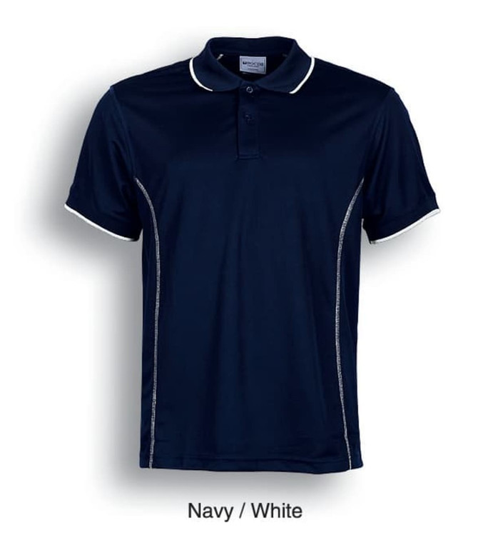 A navy and white short sleeve polo shirt featuring a logo and contrasting trim.