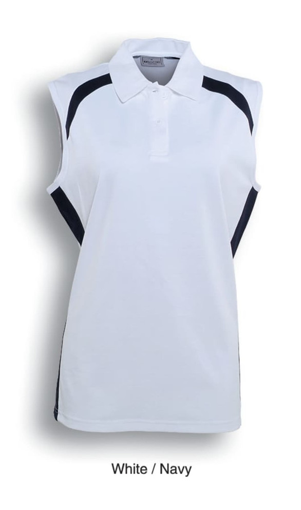 A ladies sleeveless polo shirt in white and navy, featuring a contrasting design and a collar. It has a logo on it.