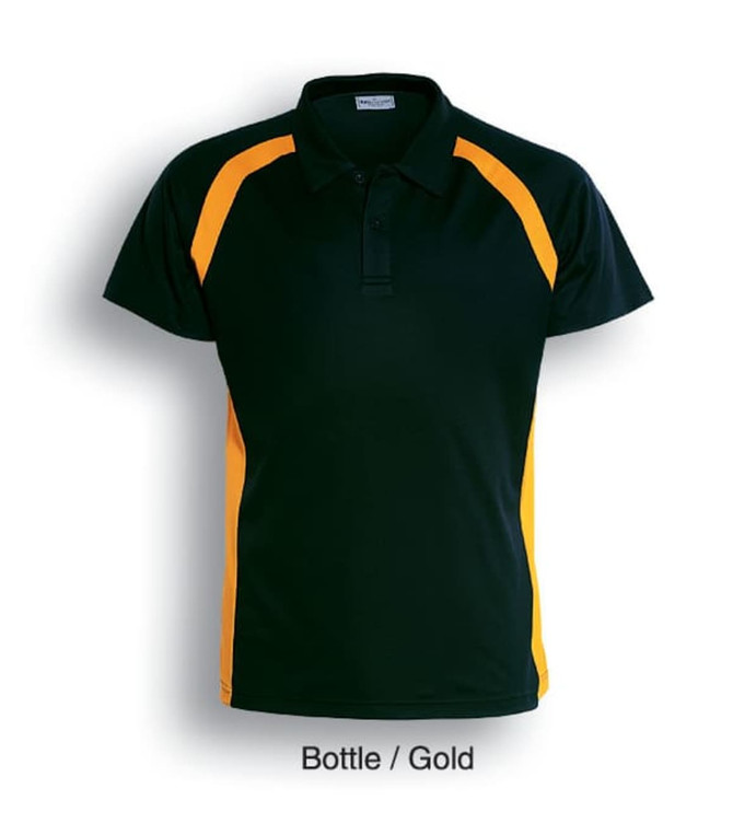A black polo shirt with gold contrast panels, featuring a collar and a logo.