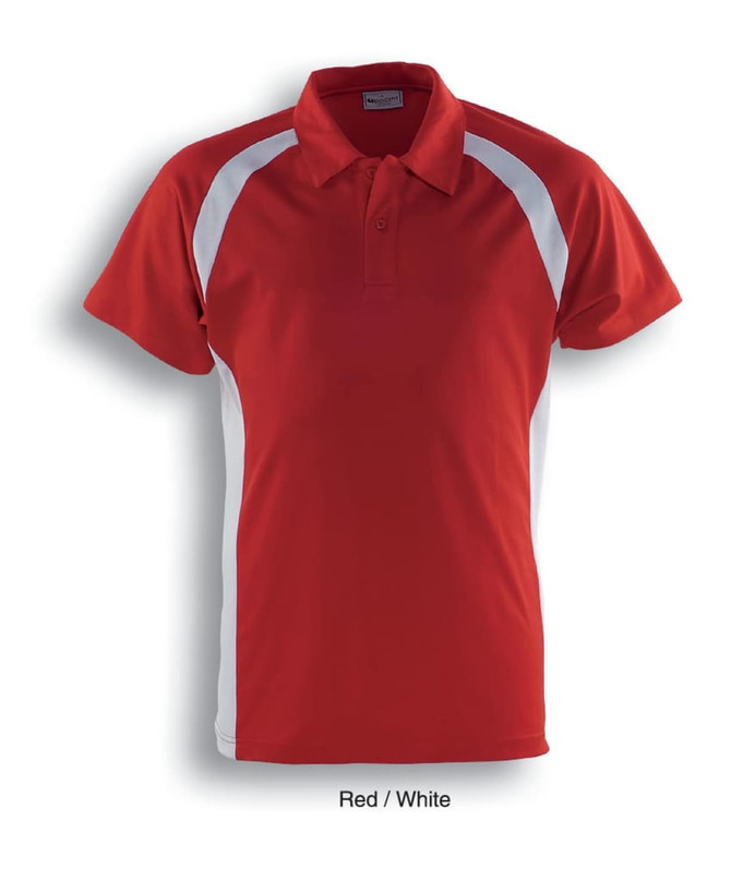 A red and white kids' polo shirt with contrast panel detailing and a collar, featuring a logo on the chest.