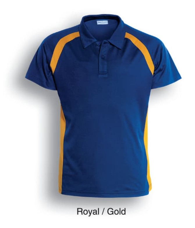 Short sleeve polo shirt in royal blue with gold contrast panels. Features a collar and a logo.
