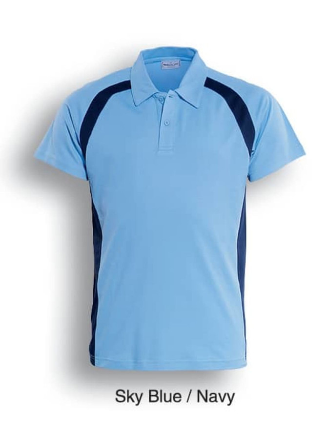 Sky blue polo shirt with navy contrast panels and a collar. Features a logo on the chest.