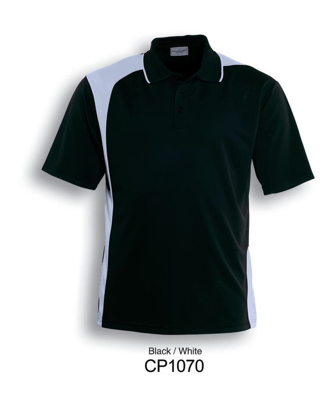 A black and white unisex asymmetrical polo shirt with a logo on the chest area.
