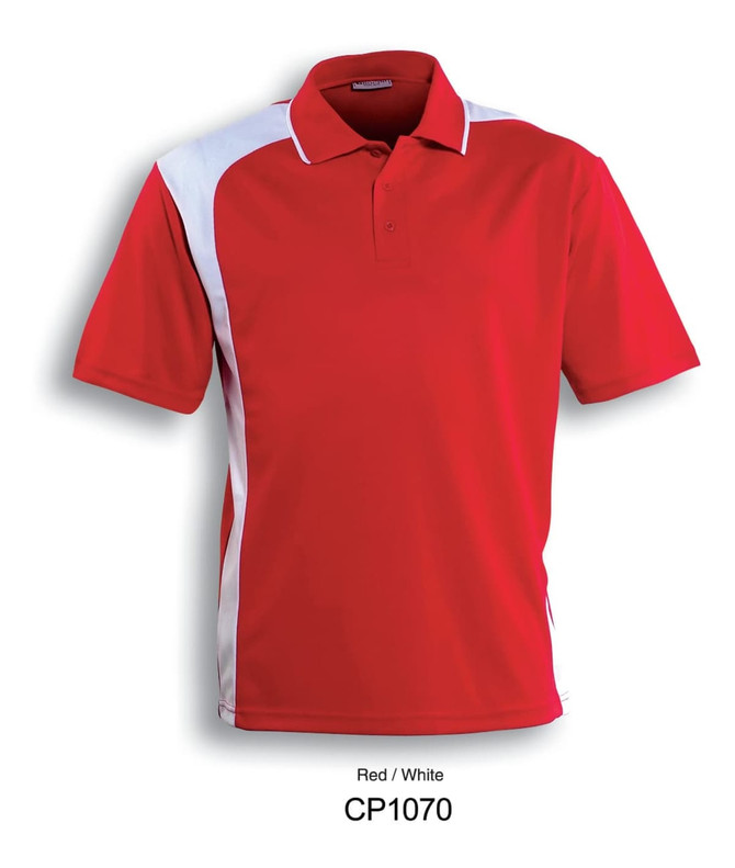 A red and white unisex asymmetrical polo shirt featuring a logo.