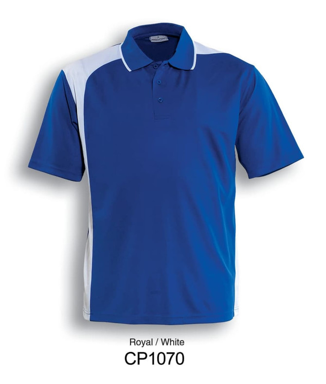 A blue and white unisex asymmetrical polo shirt with a logo, featuring a collar and short sleeves.