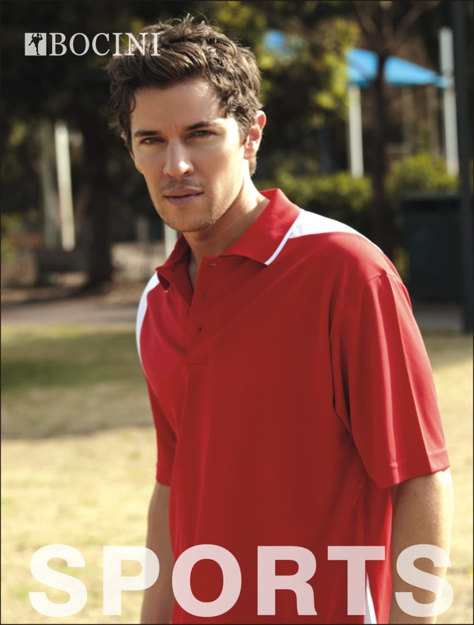 A red unisex asymmetrical polo shirt with white accents, featuring a logo on the chest.