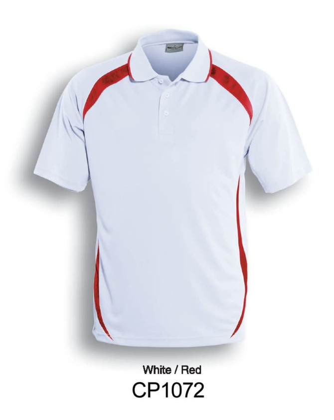 A white polo shirt with red contrast detailing and a logo. Suitable for unisex adults.