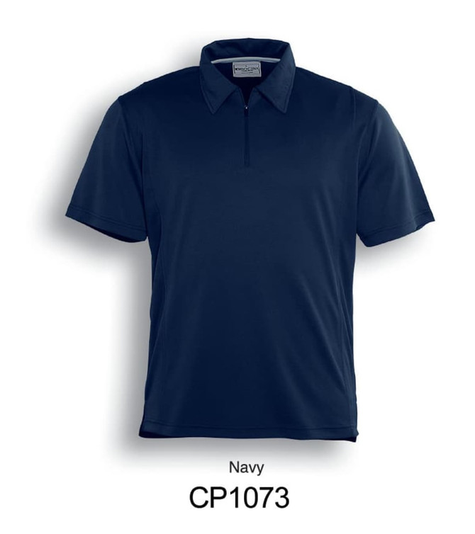 A navy unisex adults golf polo shirt with a collar and short sleeves, featuring a branding logo.