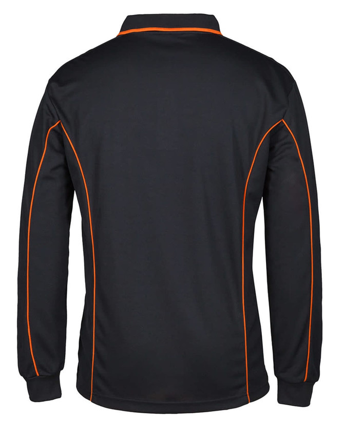 A black long-sleeve polo shirt featuring orange piping along the seams and a logo on the back.
