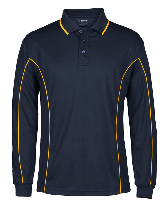 A navy long-sleeve polo shirt featuring yellow piping and a logo on the collar.