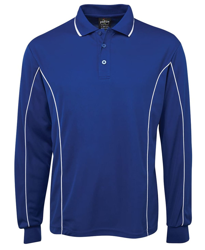A long-sleeve polo shirt in blue with white piping and a collar, featuring a logo.