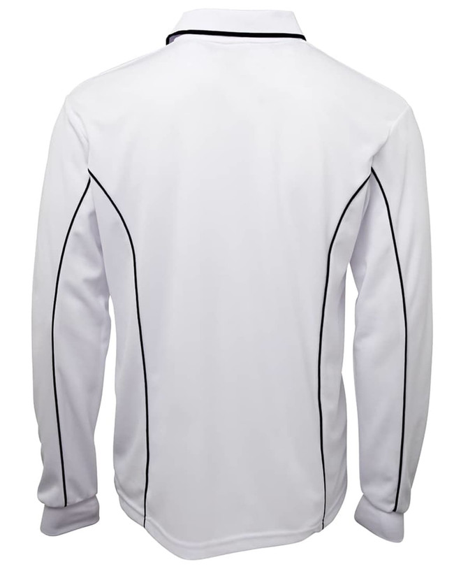A white long-sleeve polo shirt featuring black piping along the seams and a logo on the chest.