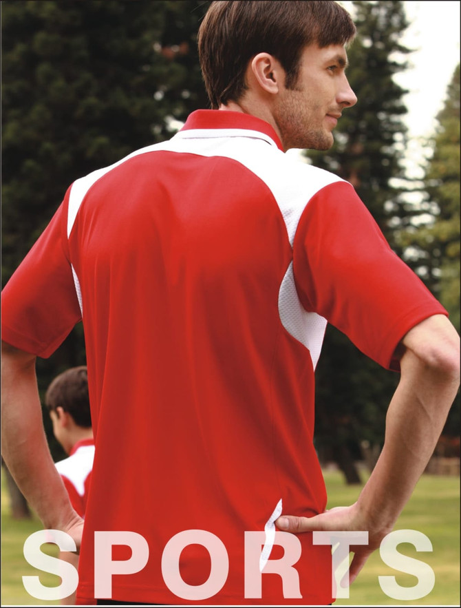 A red unisex polo shirt with honeycomb contrast panels, featuring a logo on the back.