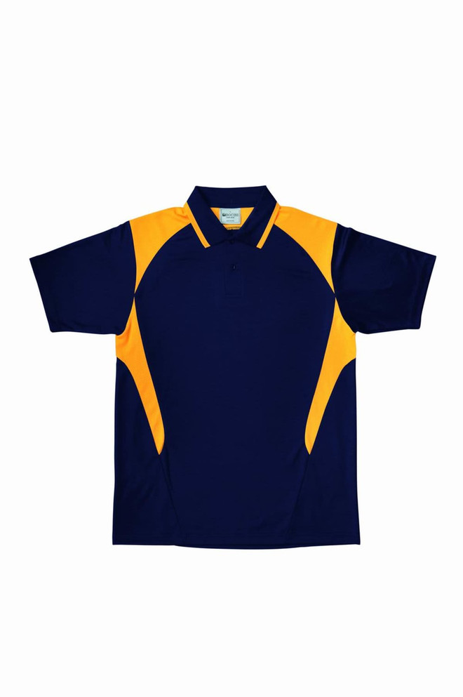 A navy blue polo shirt featuring contrasting yellow panels and a logo. Suitable for kids.