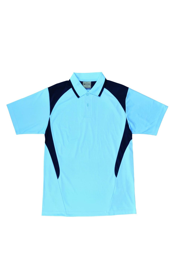A light blue polo shirt featuring navy contrast panels and a logo on the front. Short sleeves with a classic collar.
